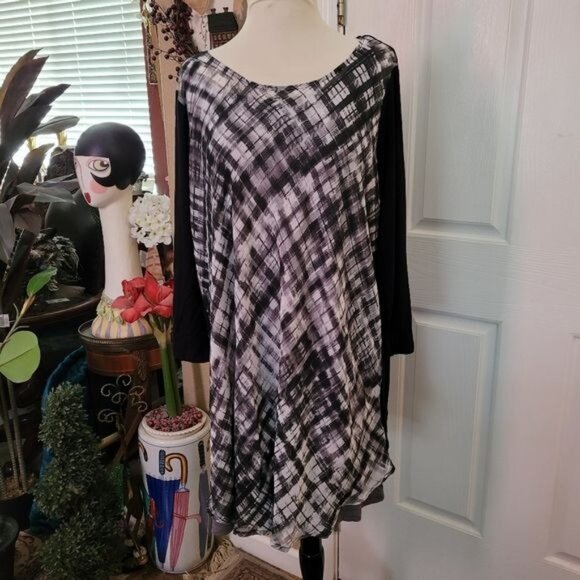 Logo Lori Goldstein Top Plus Size 1X 1XL Black White Gray Checks Checkered QVC - Picture 1 of 9